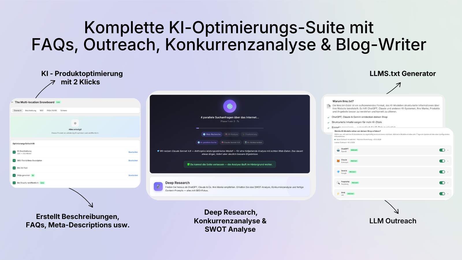 AI INDEX PRO Werkzeuge: 2-Klick-Produktoptimierung, Deep Research, llms.txt Generator und LLM-Outreach