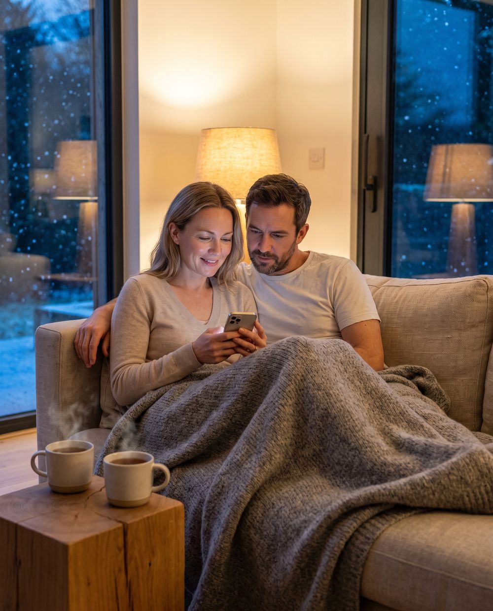 Paar plant auf dem Sofa mit dem Smartphone den nächsten Urlaub